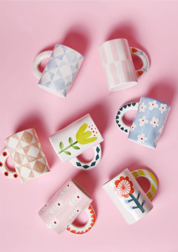 Hand-painted Ceramic Mug, Pink Grid - Image 4