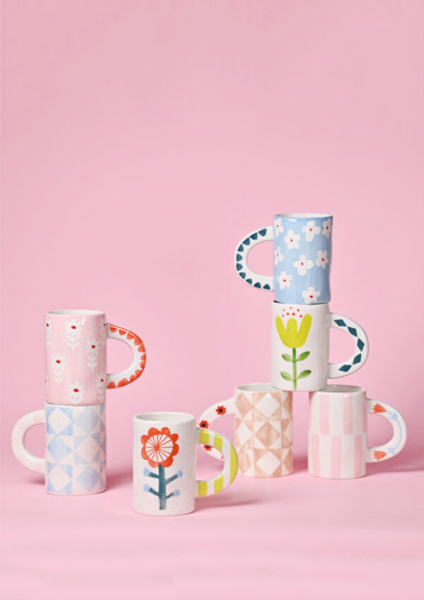 Hand-painted Ceramic Mug, Pink Grid - Image 3