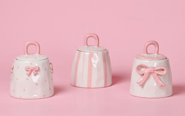 Hand-painted Ceramic Canister, Pink Ribbon and Dots - Image 3